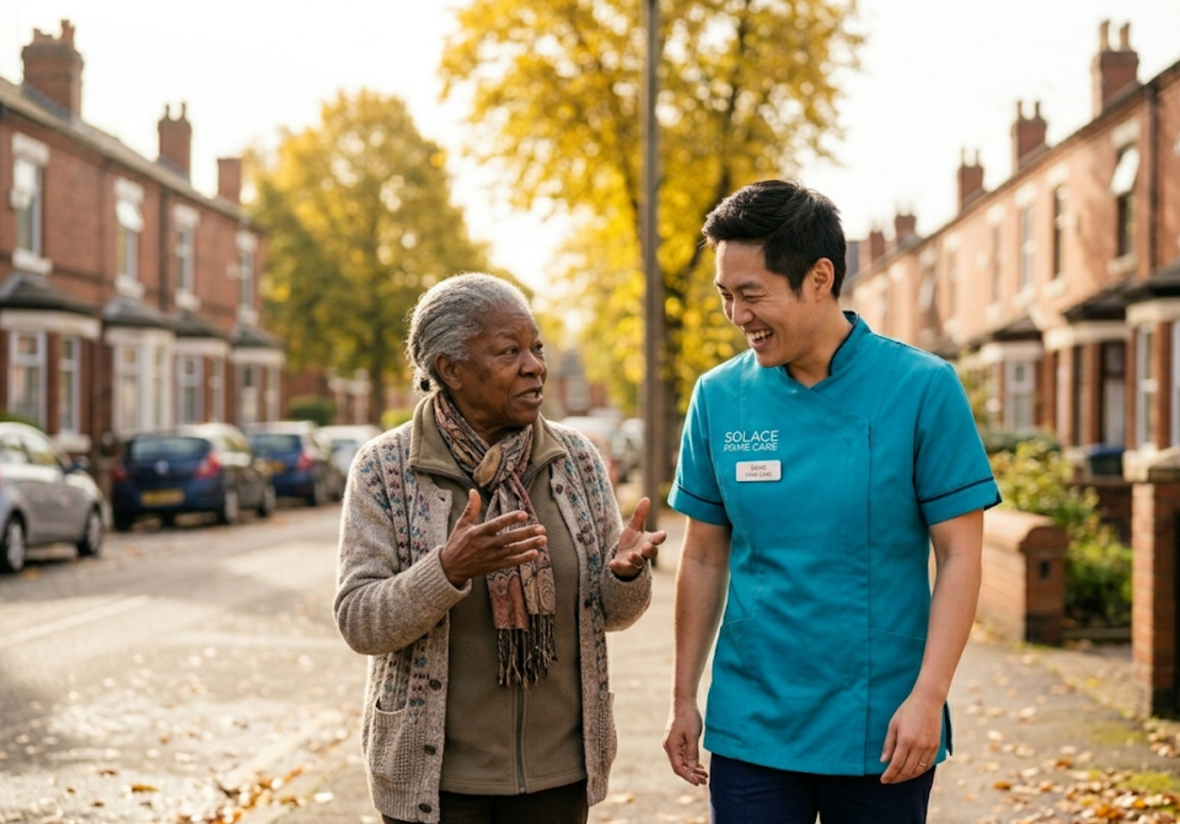African Solace Prime Care home carer enjoying morning conversation with an elderly woman in her Sheffield home — compassionate, dignified elderly care at home across South Yorkshire